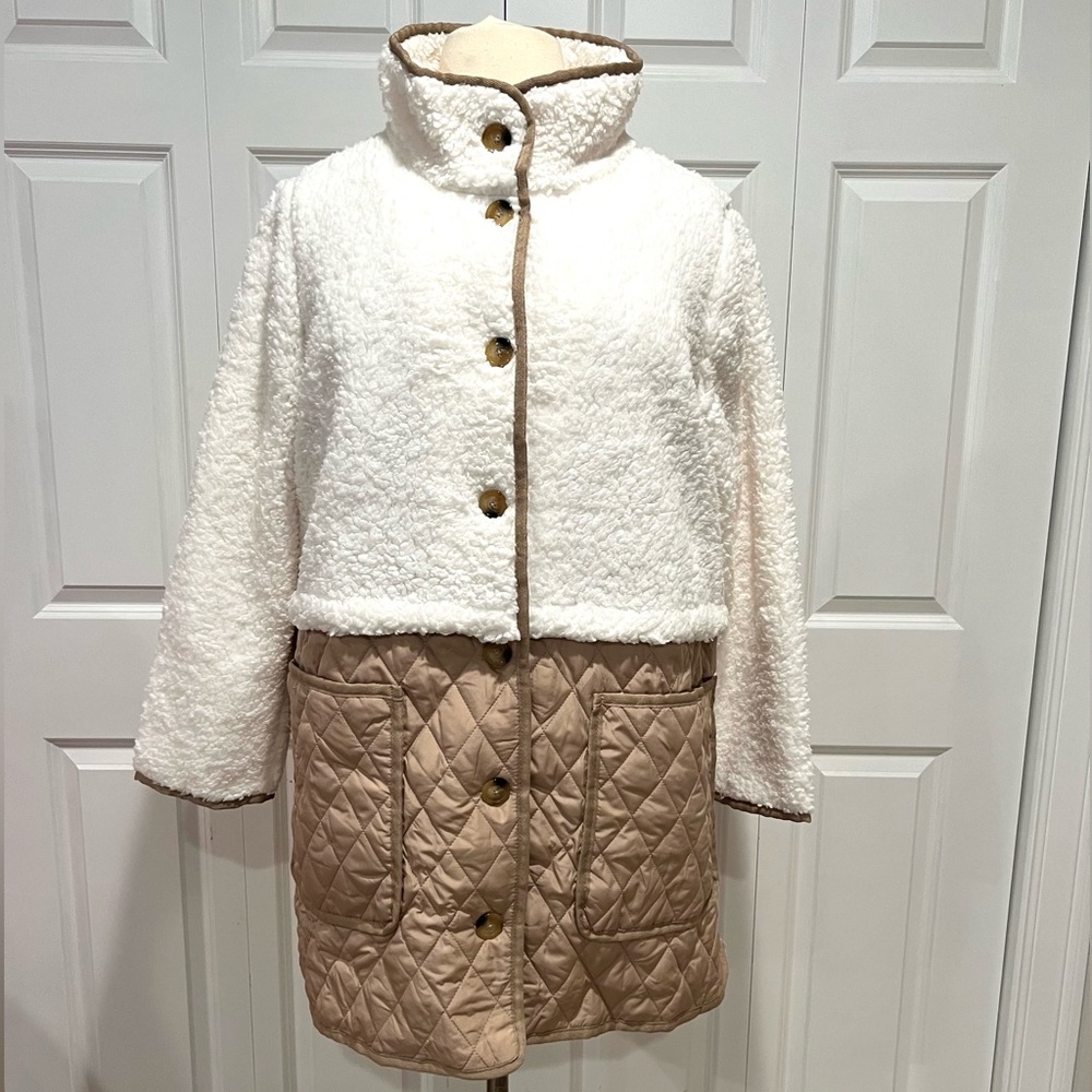 Nina Leonard Plus Size Collared Sherpa & Quilted Button Front Coat Sz 2X